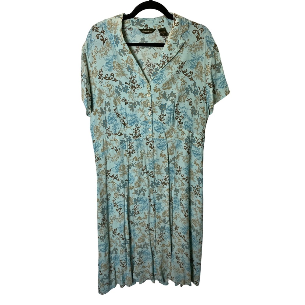 Eddie Bauer Floral Midi Dress Womens XL Tall Blue Rayon Boho Peasant Cottagecore